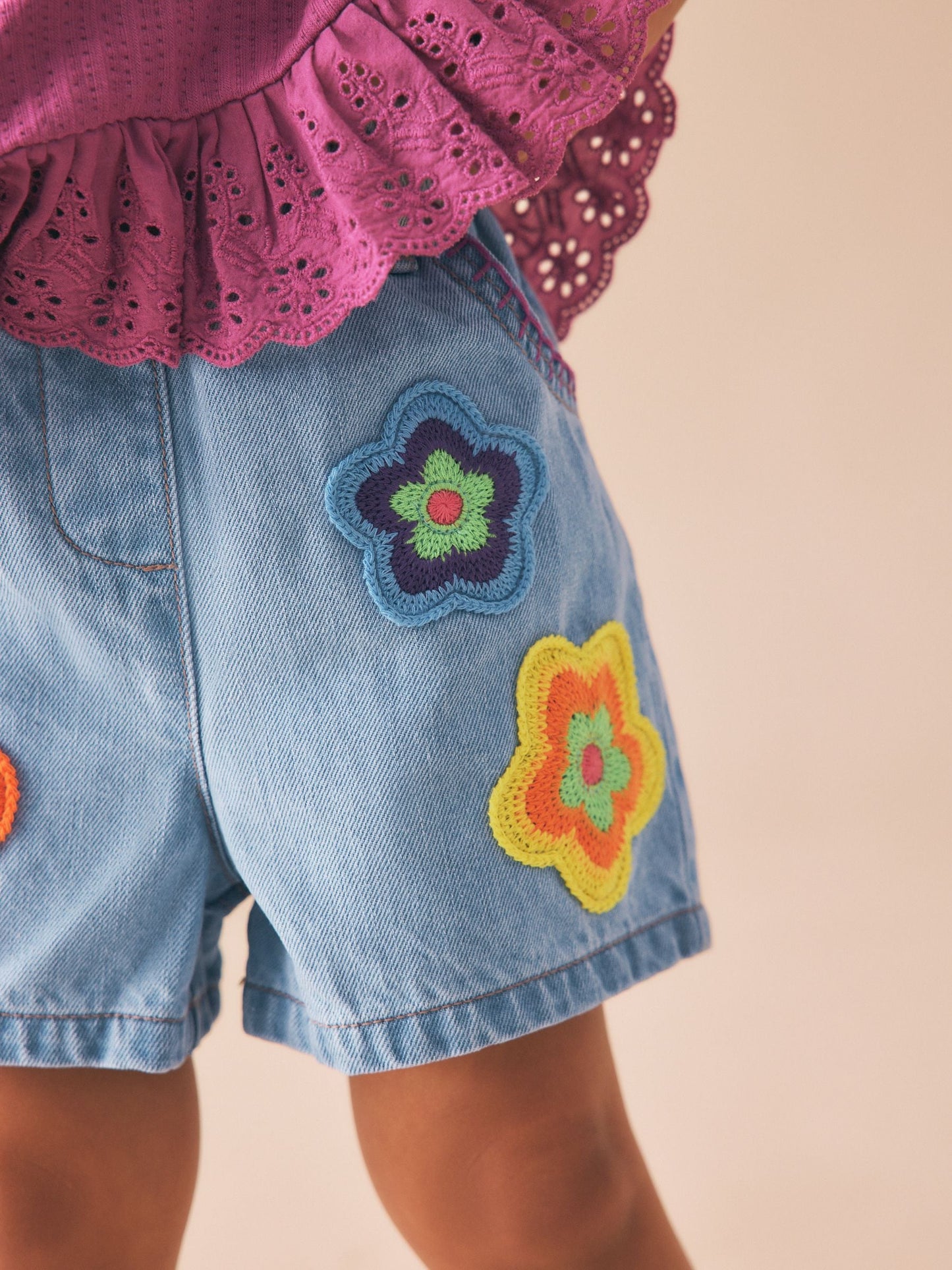 Mid Denim Crochet Flower Pull On Denim Shorts (3mths-10yrs) image 4