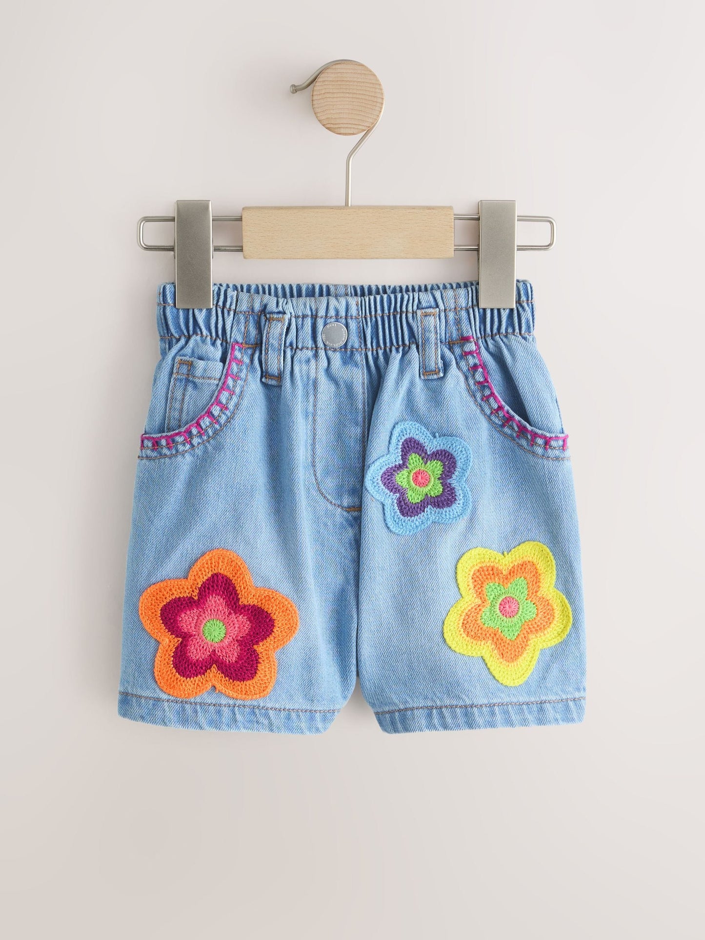 Mid Denim Crochet Flower Pull On Denim Shorts (3mths-10yrs) image 5