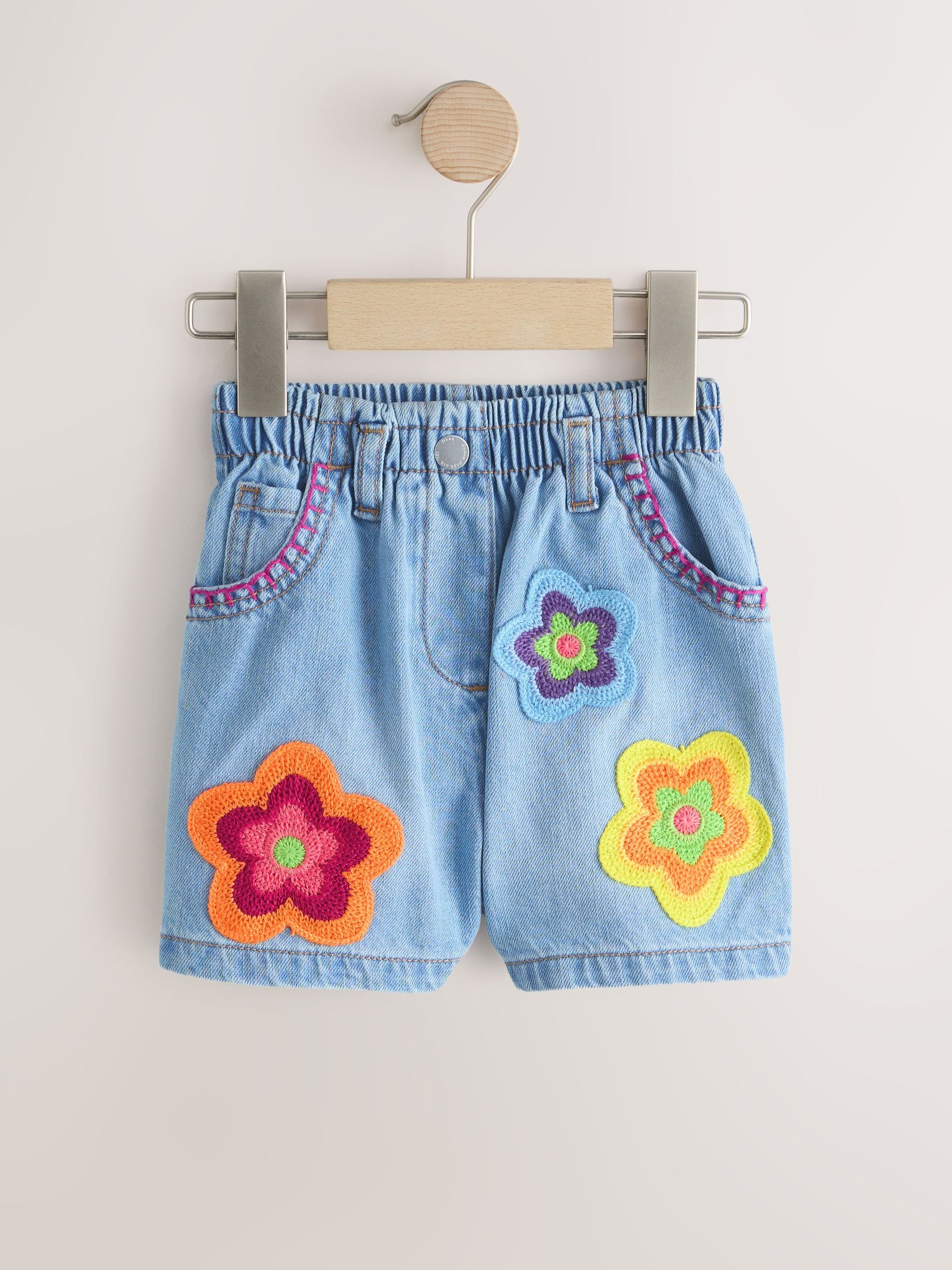 Mid Denim Crochet Flower Pull On Denim Shorts (3mths-10yrs) image 5