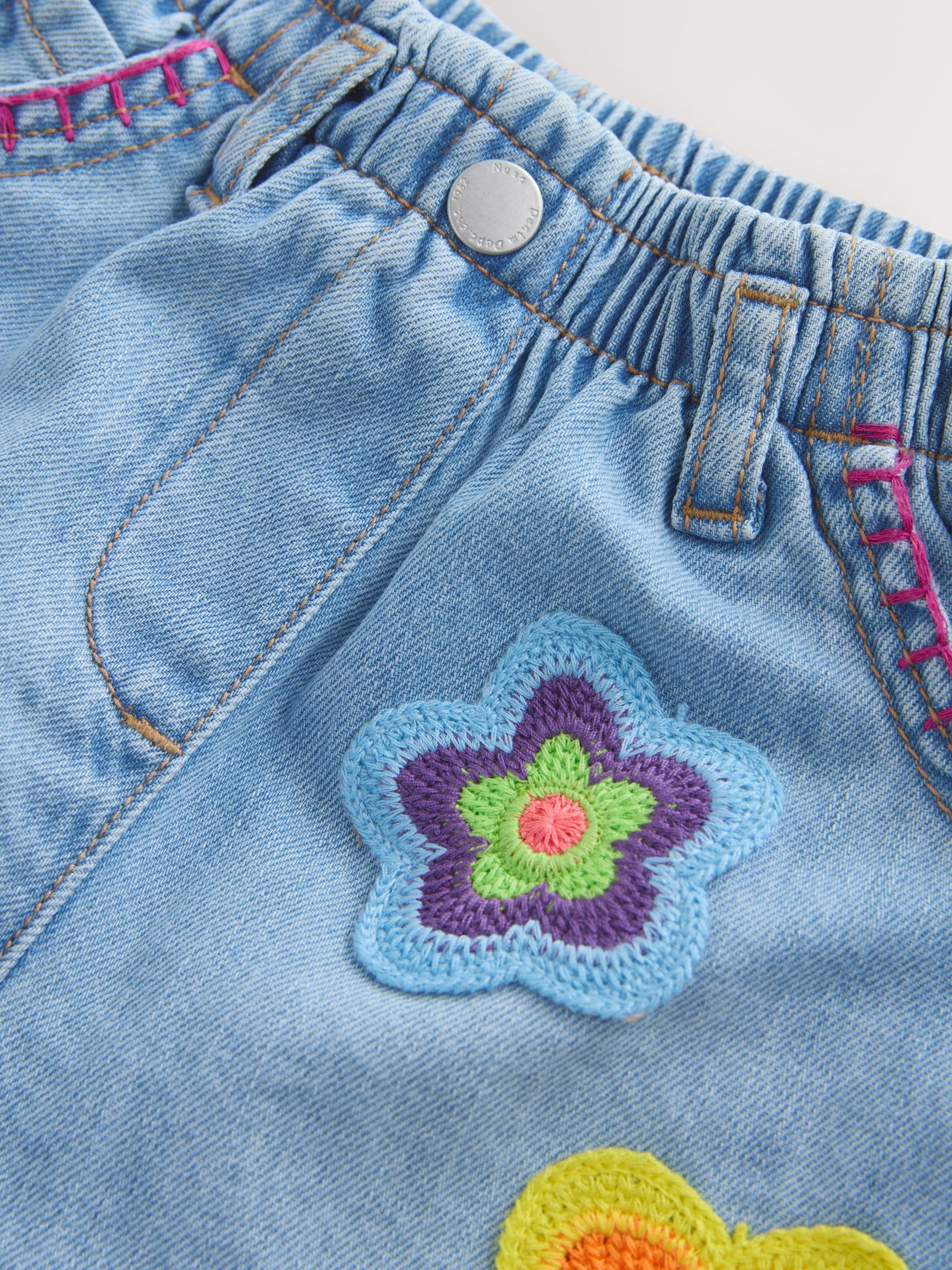 Mid Denim Crochet Flower Pull On Denim Shorts (3mths-10yrs) image 7