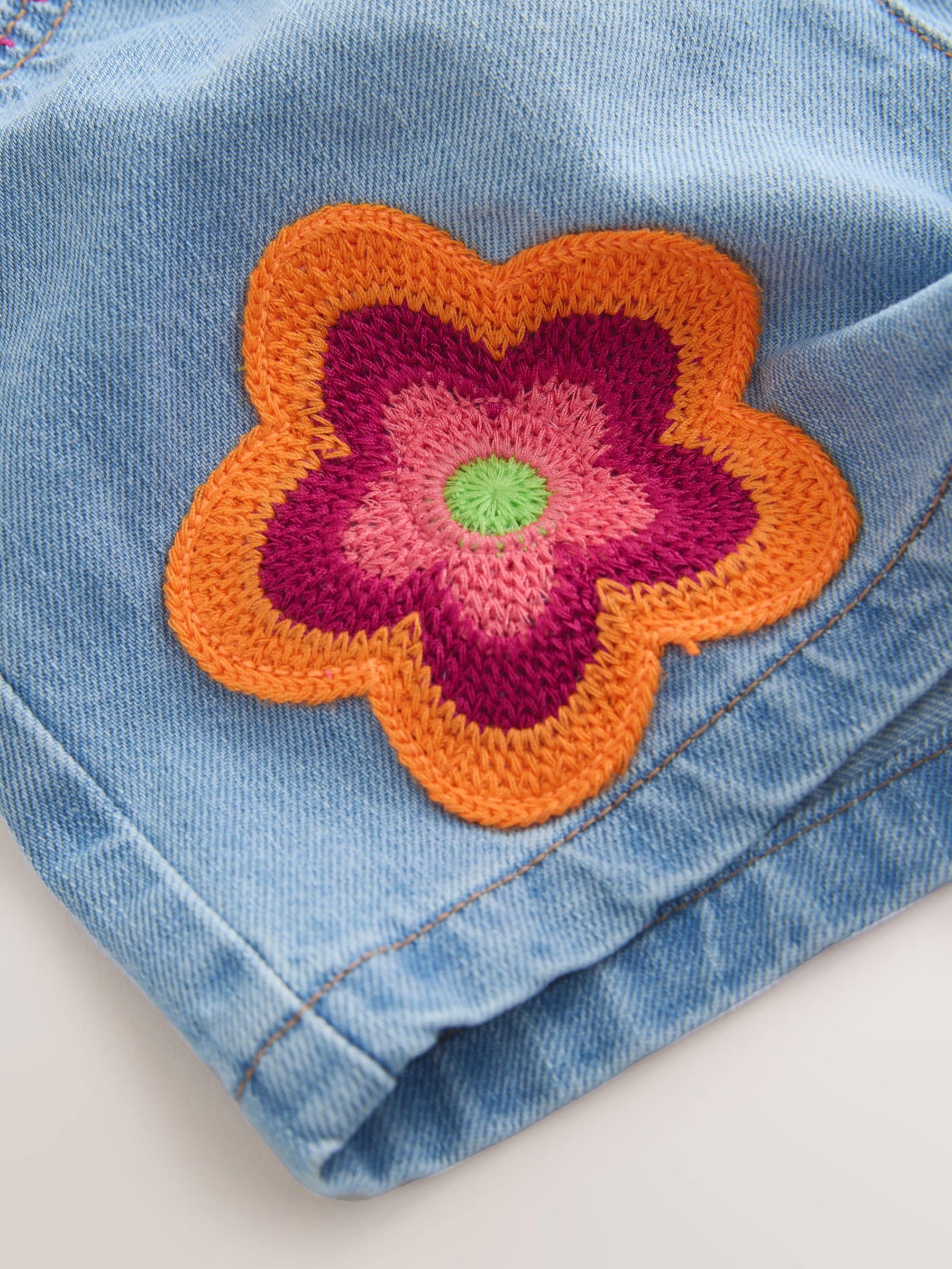 Mid Denim Crochet Flower Pull On Denim Shorts (3mths-10yrs) image 8