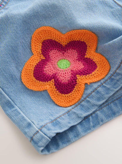 Mid Denim Crochet Flower Pull On Denim Shorts (3mths-10yrs) image 8