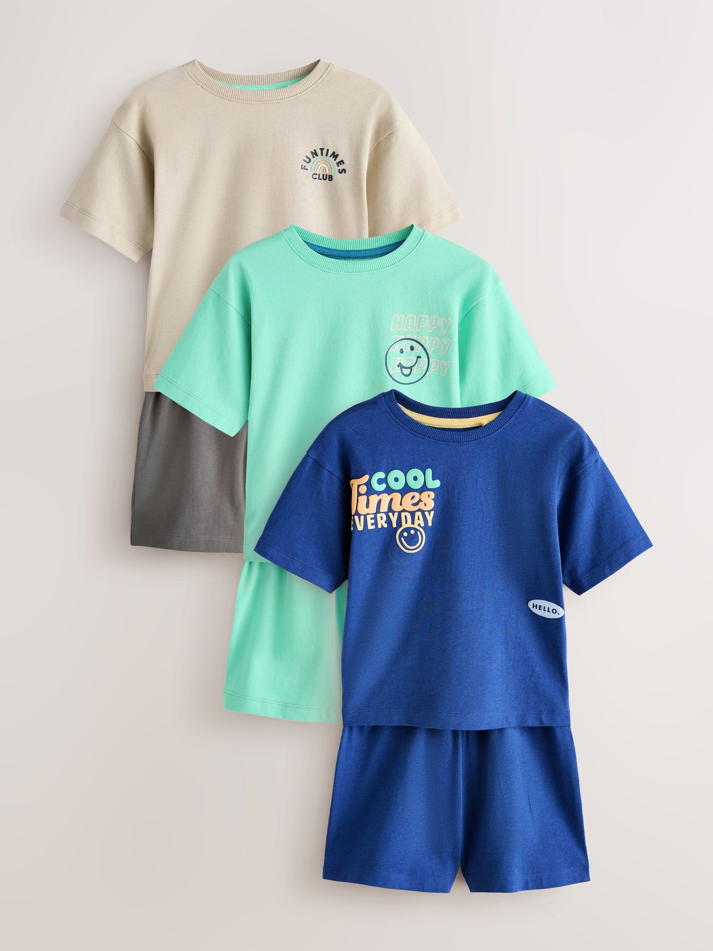 Blue/Stone/Mint Good Times Short Pyjamas 3 Pack (9mths-10yrs) image 1