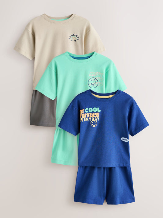 Blue/Stone/Mint Good Times Short Pyjamas 3 Pack (9mths-10yrs) image 1