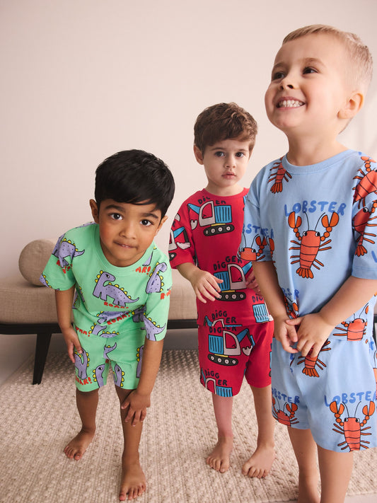 Blue/Green/Red Dino, Digger and Lobster Mixed Short Pyjamas 3 Pack (9mths-8yrs) image 1