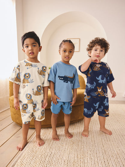 Blue/Ecru Safari Animal Short Pyjamas 3 Pack (9mths-8yrs) image 1