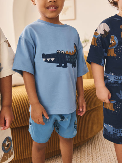 Blue/Ecru Safari Animal Short Pyjamas 3 Pack (9mths-8yrs) image 7