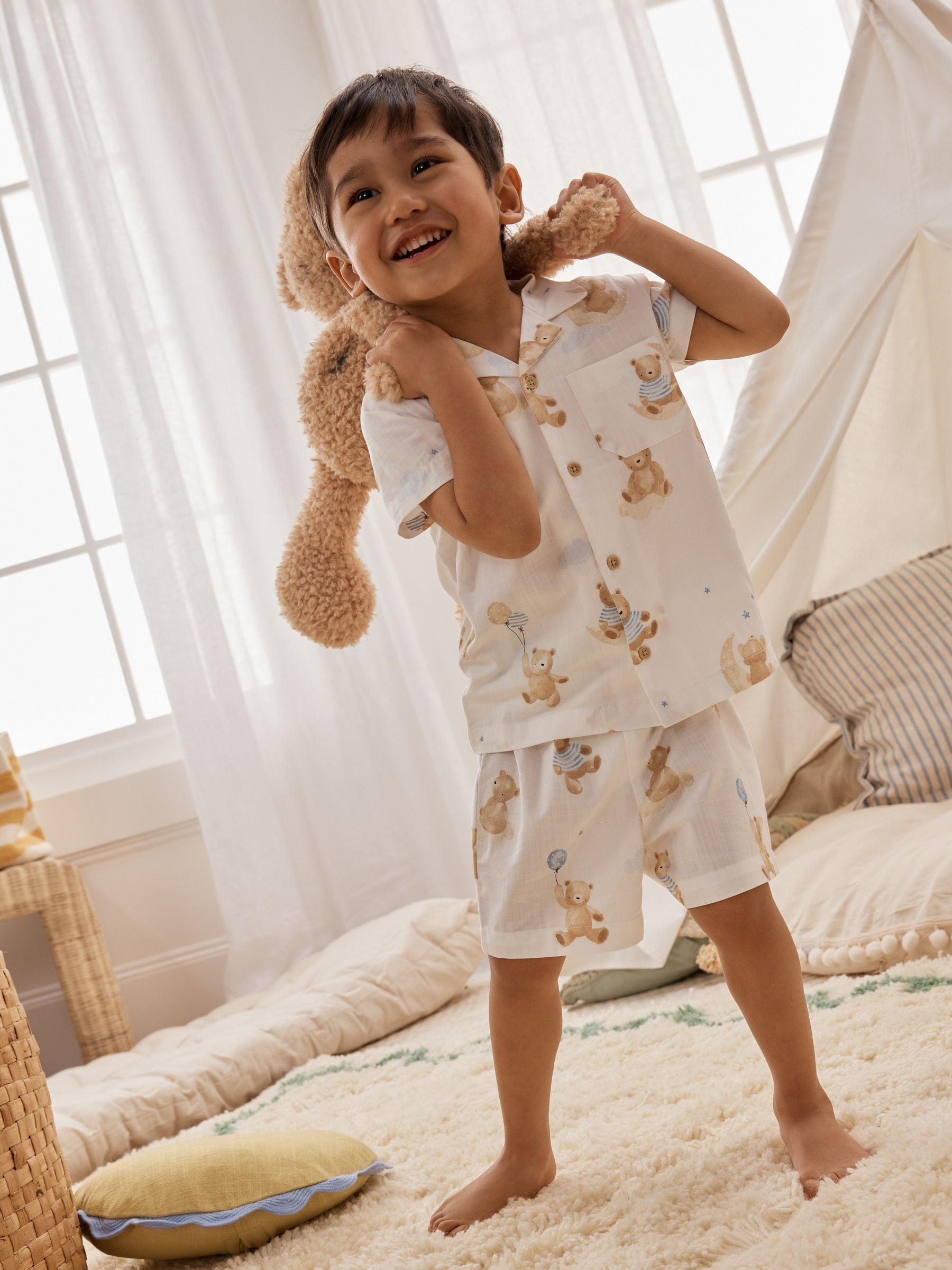 Cream Bear Single Button Through Short Pyjamas (9mths-8yrs) image 3