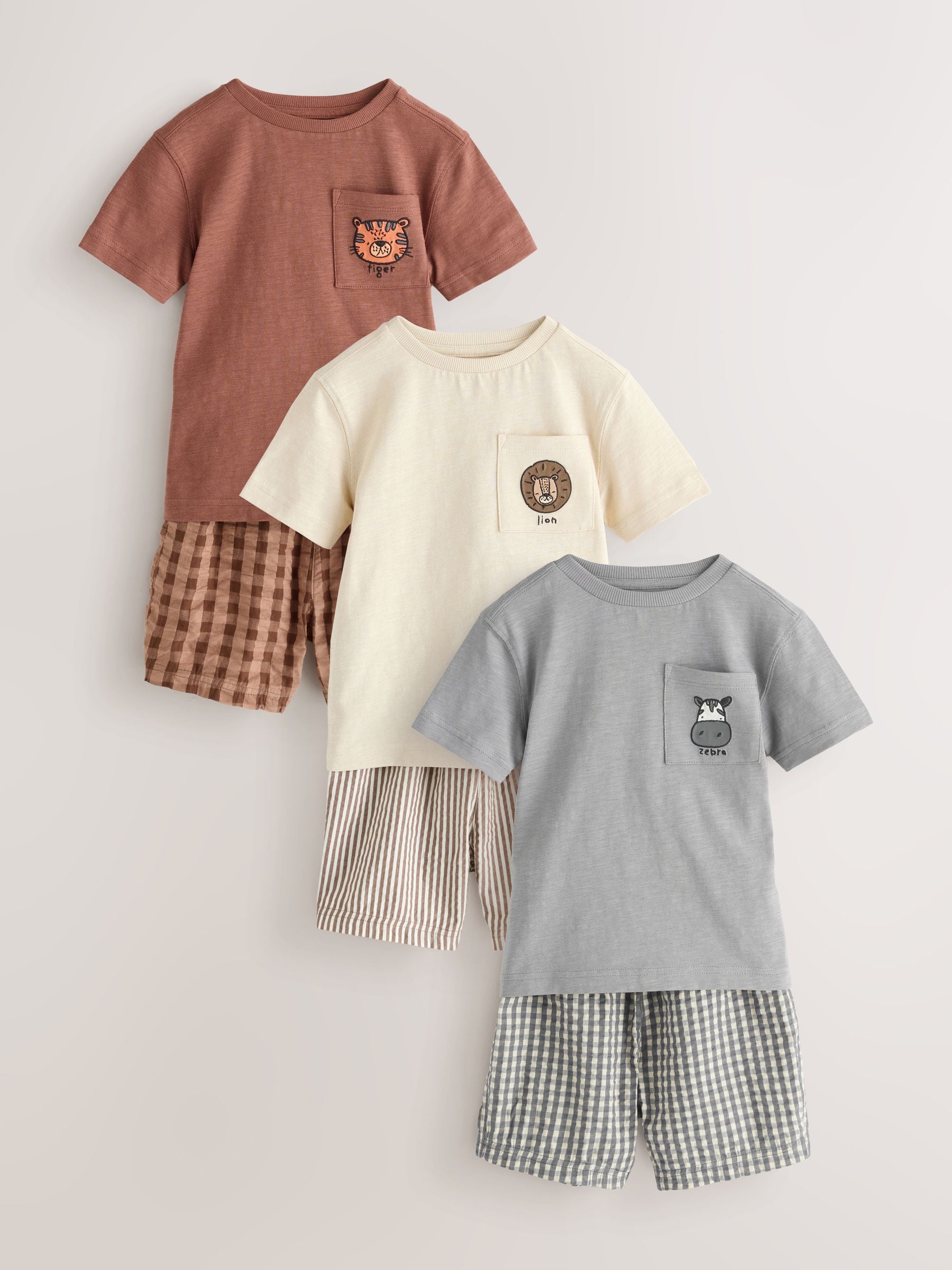 Brown/Cream/Grey Animal Short Pyjamas 3 Pack (9mths-8yrs) image 1
