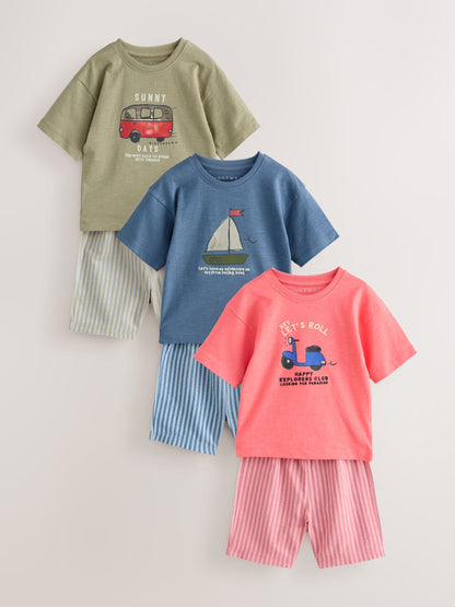 Blue/Green/Coral Transport Short Pyjamas 3 Pack (9mths-8yrs) image 5