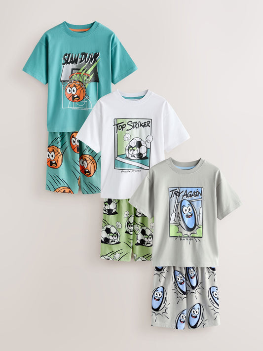 Green/Grey/White Comedy Sport Shorts Pyjamas 3 Pack (4-16yrs) image 1