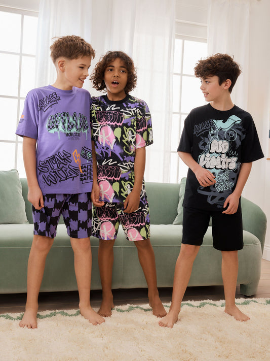 Black/Purple Grafiti Short Pyjamas 3 Pack (3-16yrs) image 1
