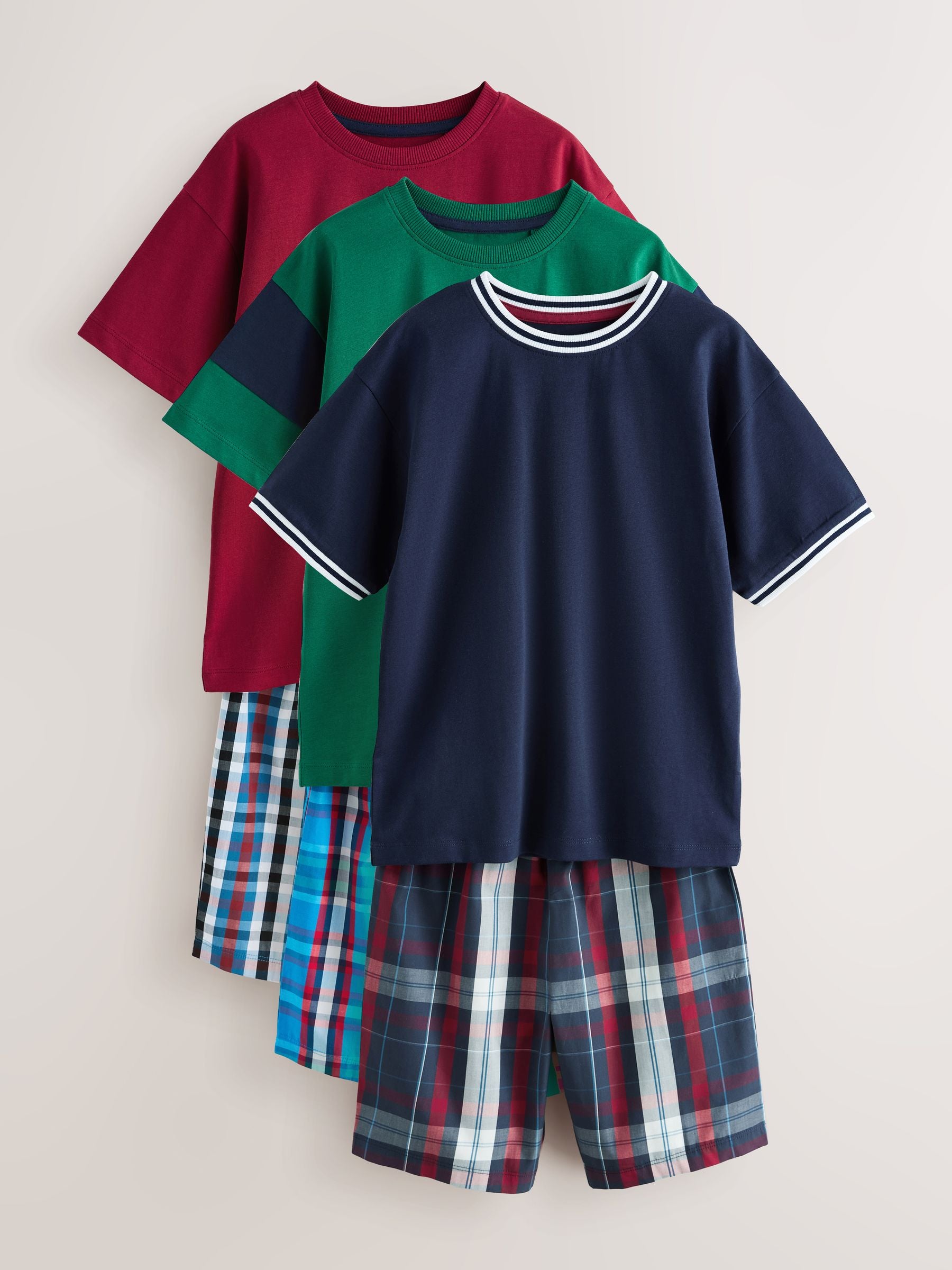 Navy/Burgundy/Green Woven Short Pyjamas 3 Pack (3-16yrs) image 9