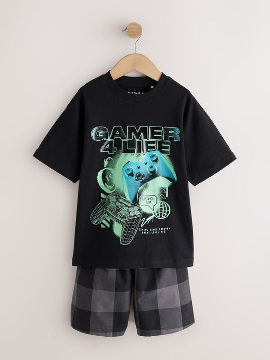 Black/White Check Gamer Shorts Pyjamas 2 Pack (4-16yrs) image 3