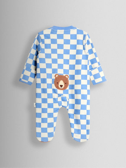 JoJo Maman Bébé Blue Bear Chequered Appliqué Zip Footed Sleepsuit