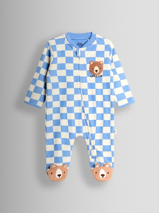 JoJo Maman Bébé Blue Bear Chequered Appliqué Zip Footed Sleepsuit