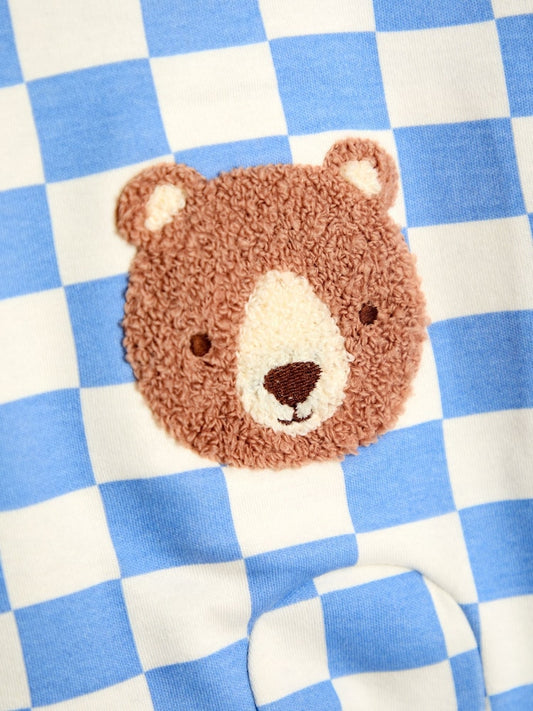 JoJo Maman Bébé Blue Bear Chequered Appliqué Zip Footed Sleepsuit
