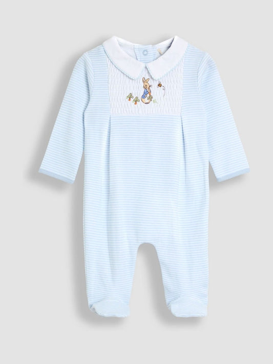 JoJo Maman Bébé Blue Stripe Peter Rabbit Embroidered Smocked Footed Sleepsuit