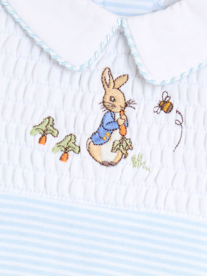 JoJo Maman Bébé Blue Stripe Peter Rabbit Embroidered Smocked Footed Sleepsuit