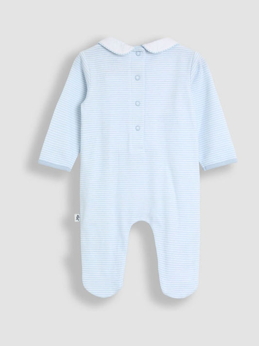 JoJo Maman Bébé Blue Stripe Peter Rabbit Embroidered Smocked Footed Sleepsuit