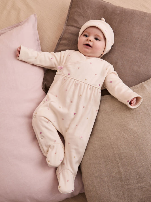 JoJo Maman Bébé Cream Cotton 2-Piece Embroidered Sleepsuit and Hat Set