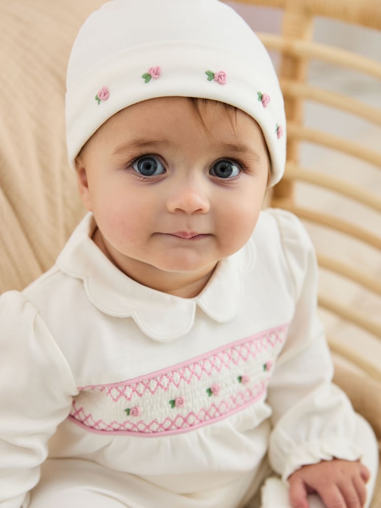 JoJo Maman Bébé Cream Cotton 2-Piece Smocked Sleepsuit and Hat Set
