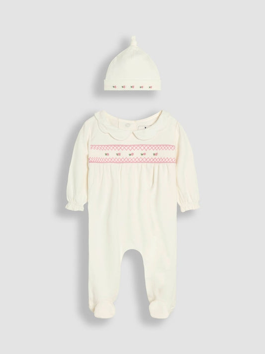 JoJo Maman Bébé Cream Cotton 2-Piece Smocked Sleepsuit and Hat Set