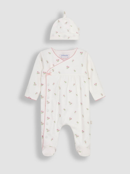 JoJo Maman Bébé Cream Floral Embroidered Pretty Sleepsuit & Hat