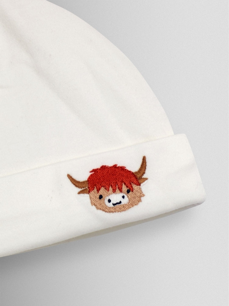 JoJo Maman Bébé Cream Highland Cow Embroidered Baby Hat
