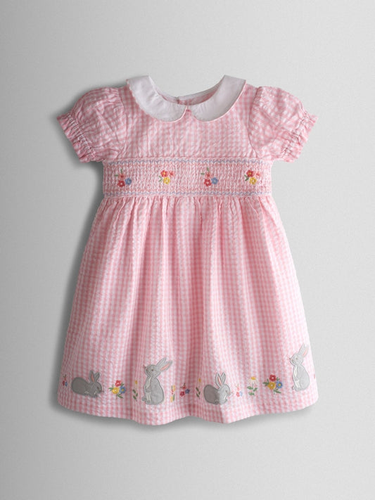 JoJo Maman Bébé Light Pink Bunny Appliqué Smocked Dress