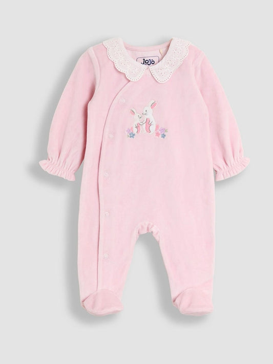 JoJo Maman Bébé Pale Pink Bunny Appliqué Velour Collared All-In-One