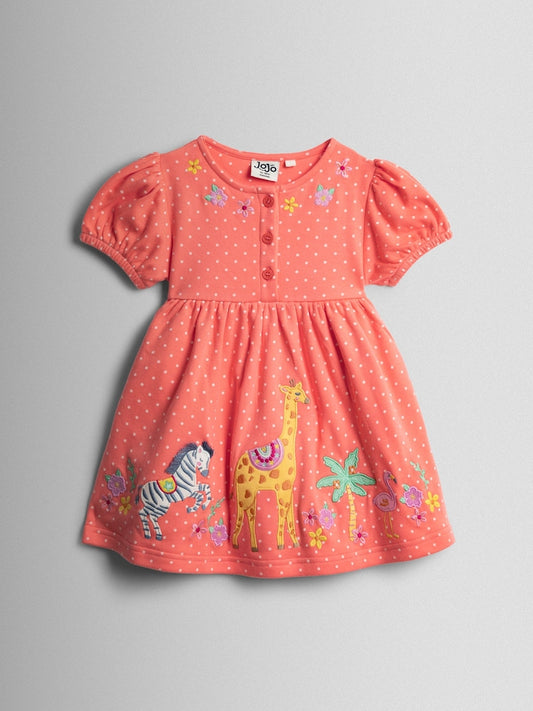 JoJo Maman Bébé Peach Pink Safari Appliqué Puff Sleeve Button Front Dress