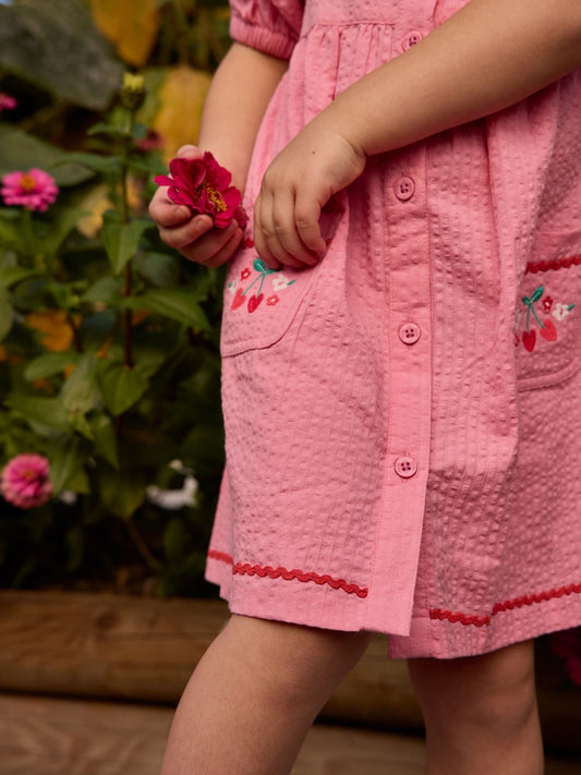 JoJo Maman Bébé Pink Cherry Embroidered Collared Button Through Dress