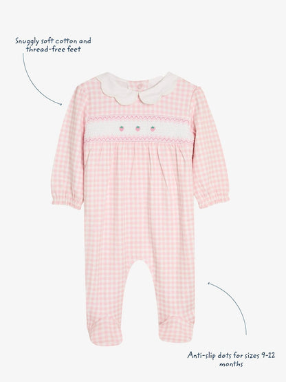 JoJo Maman Bébé Pink Cotton Footed Smocked Embroidered Sleepsuit