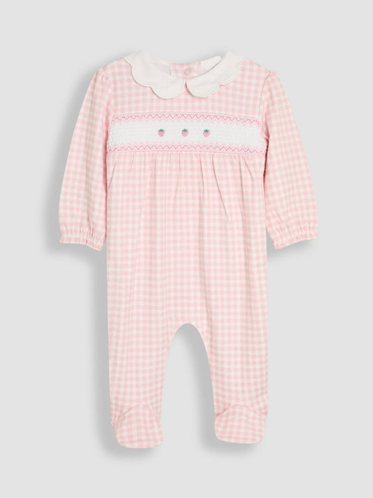JoJo Maman Bébé Pink Cotton Footed Smocked Embroidered Sleepsuit