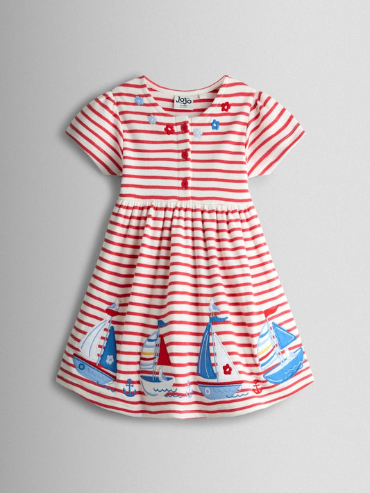JoJo Maman Bébé Red Boat Appliqué Classic Button Front Dress