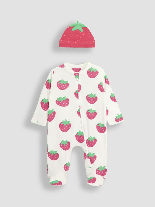 JoJo Maman Bébé White 2-Pack Strawberry Sleepsuit & Hat Set