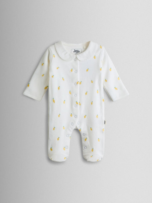 JoJo Maman Bébé White Lemon Cotton Footed Embroidered Sleepsuit