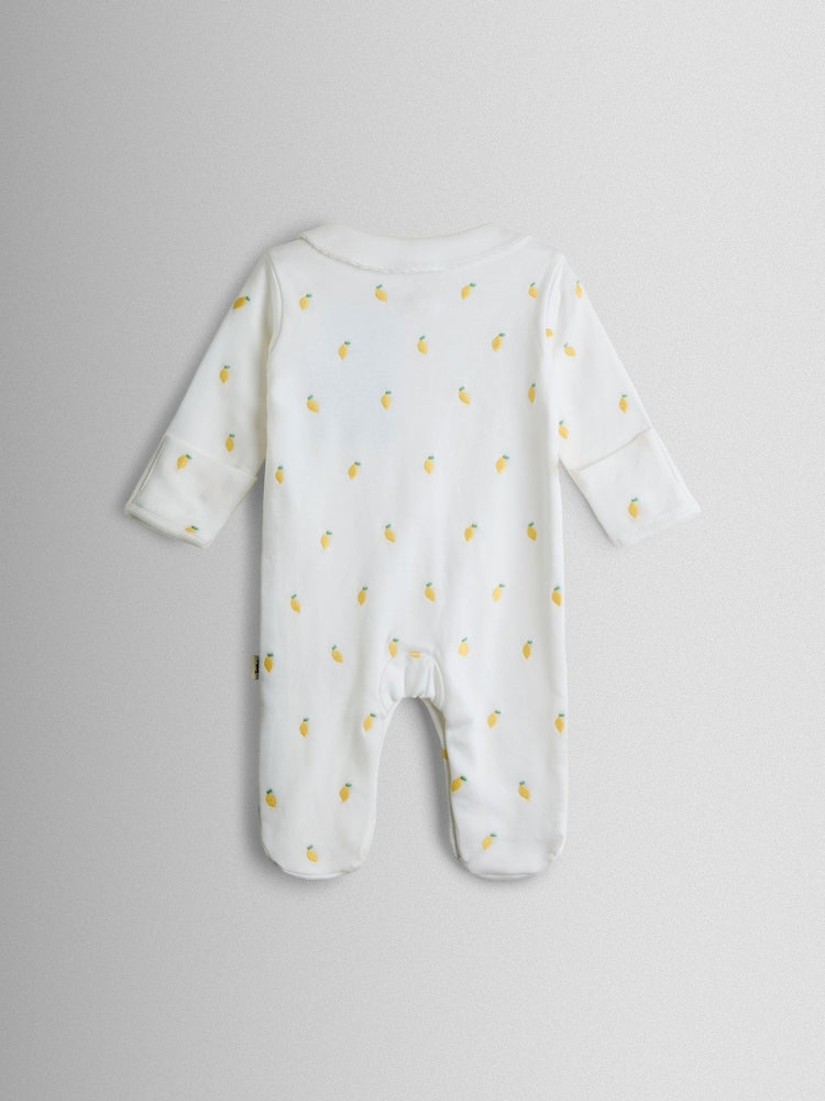 JoJo Maman Bébé White Lemon Cotton Footed Embroidered Sleepsuit