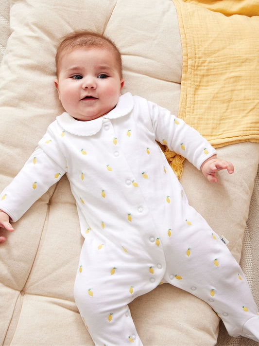 JoJo Maman Bébé White Lemon Cotton Footed Embroidered Sleepsuit
