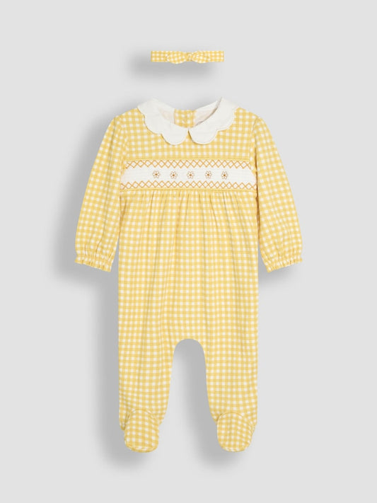 JoJo Maman Bébé Yellow Cotton 2-Piece Smocked Sleepsuit and Headband Set