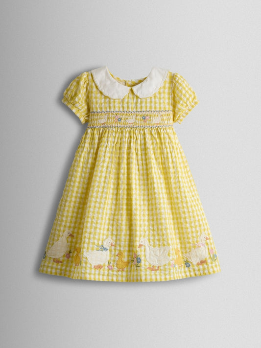 JoJo Maman Bébé Yellow Duck Appliqué Smocked Dress