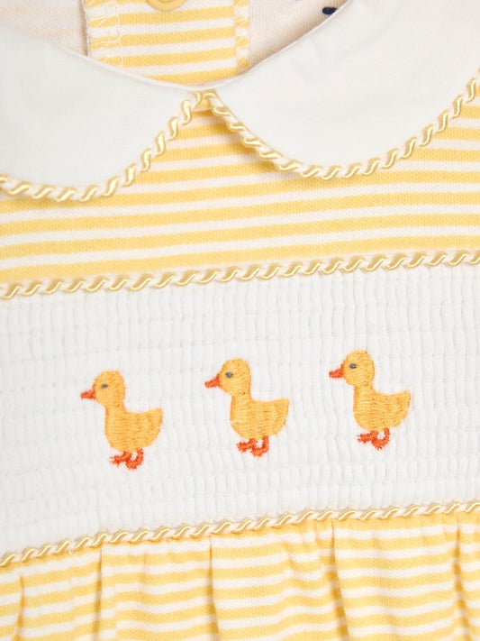JoJo Maman Bébé Yellow Duck Cotton Footed Smocked Embroidered Sleepsuit