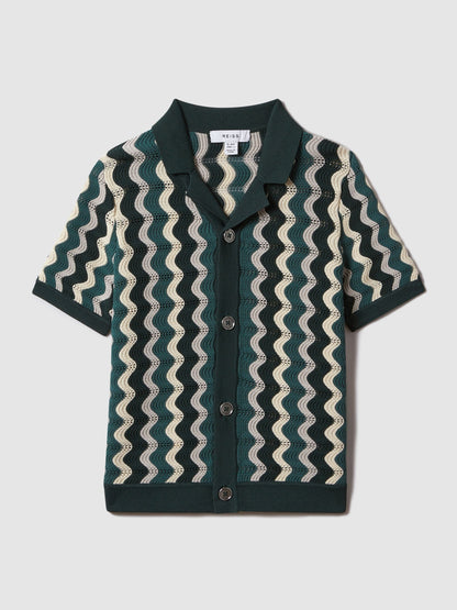 Dsiney Kidz - Reiss Green Multi Waves Junior Knitted Cuban Collar Shirt image 2