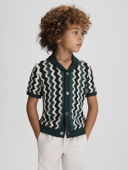 Dsiney Kidz - Reiss Green Multi Waves Junior Knitted Cuban Collar Shirt image 3