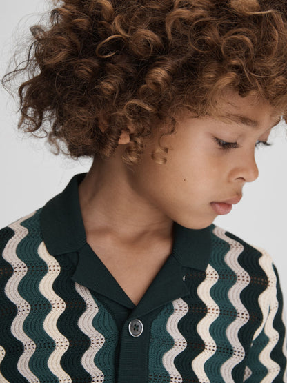 Dsiney Kidz - Reiss Green Multi Waves Junior Knitted Cuban Collar Shirt image 4