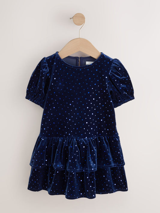 Navy Blue Velvet Short Sleeve Occasion Dress (3mths-8yrs) - image 1