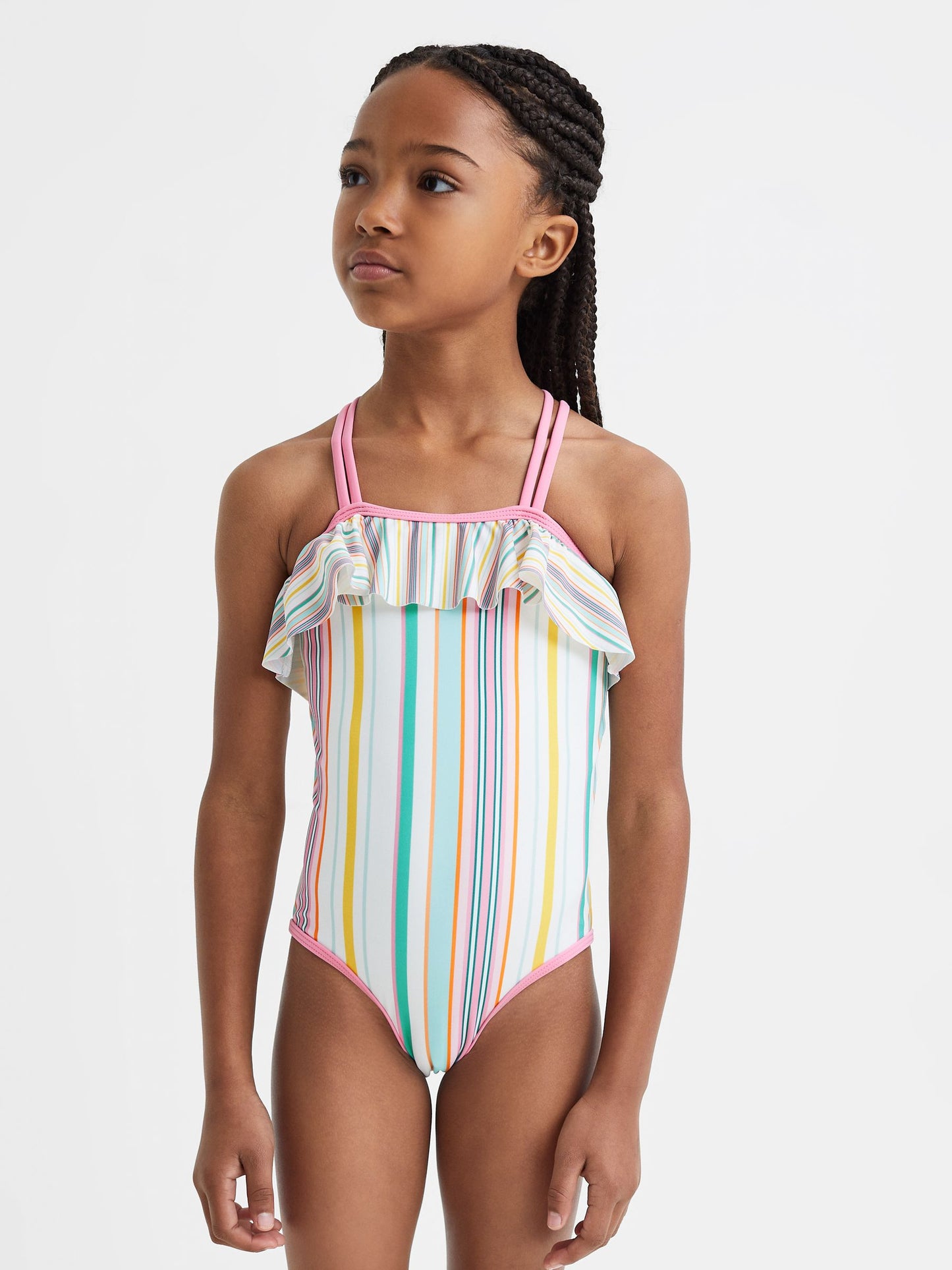 Dsiney Kidz - Reiss Multi Cora 4-9 yrs Striped Frilly Cross-Back Swimsuit image 1