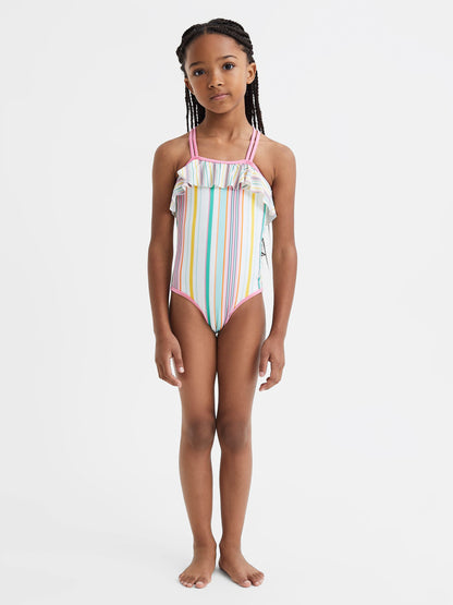 Dsiney Kidz - Reiss Multi Cora 4-9 yrs Striped Frilly Cross-Back Swimsuit image 3