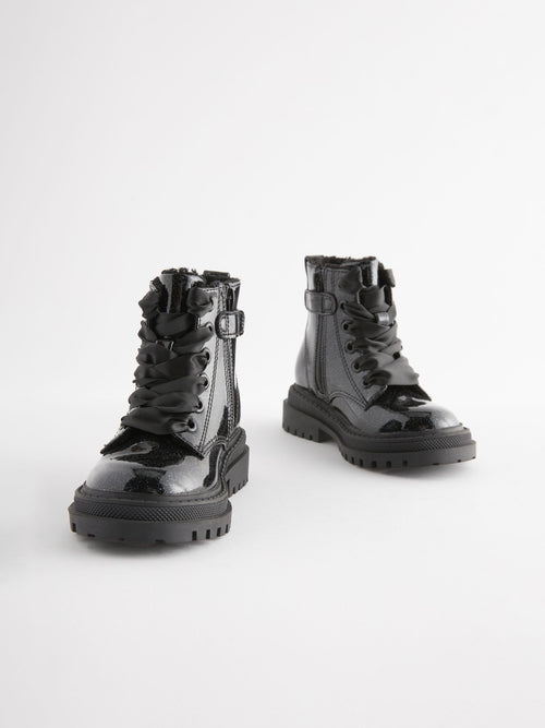 Black Patent Standard Fit (F) Chunky Lace-Up Ankle Boots image 1